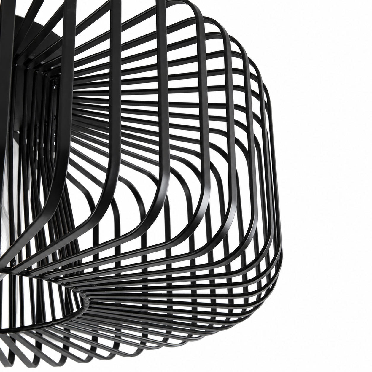 Cassio black cage pendant, close-up detail of the curved wire frame