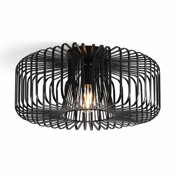 Cassio black wire cage pendant light with filament bulb, angled view on white