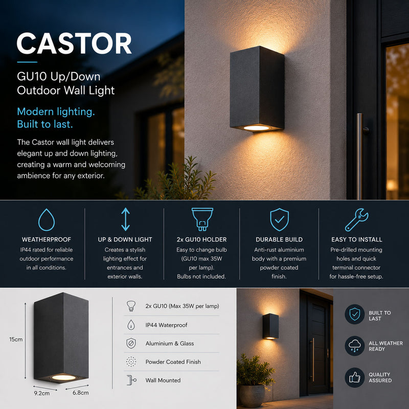 Castor Rectangular Outdoor Wall Light — Aluminium, Anthracite Grey dimensions