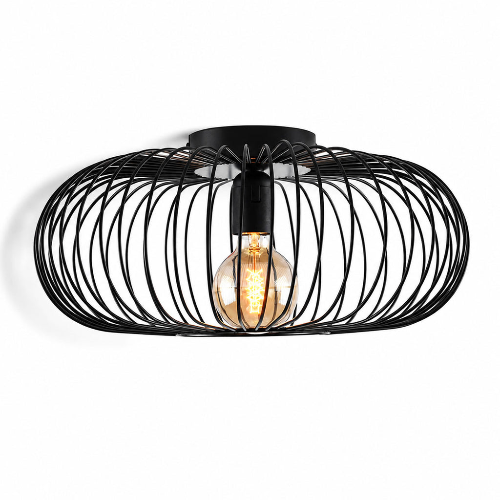 Cayo black industrial cage ceiling light, side view on white