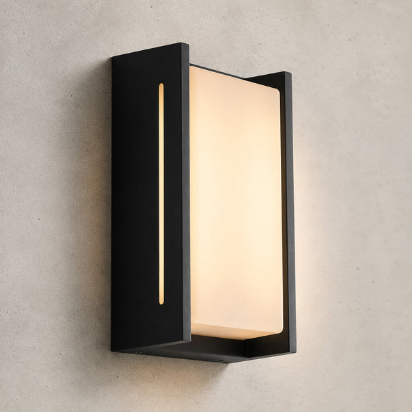 Compact anthracite LED outdoor wall light with opal panel and slot detail