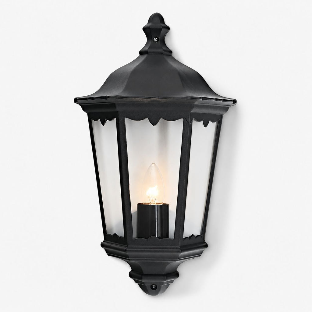 Corben matt black IP44 half lantern outdoor wall light, front view on white