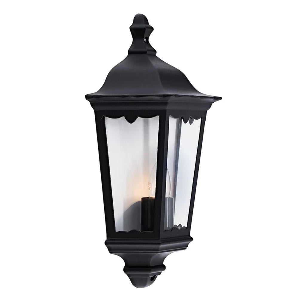 Corben matt black half lantern outdoor wall light, angled view on white