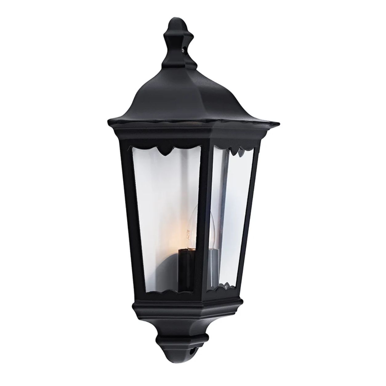 Corben matt black half lantern outdoor wall light, angled view on white