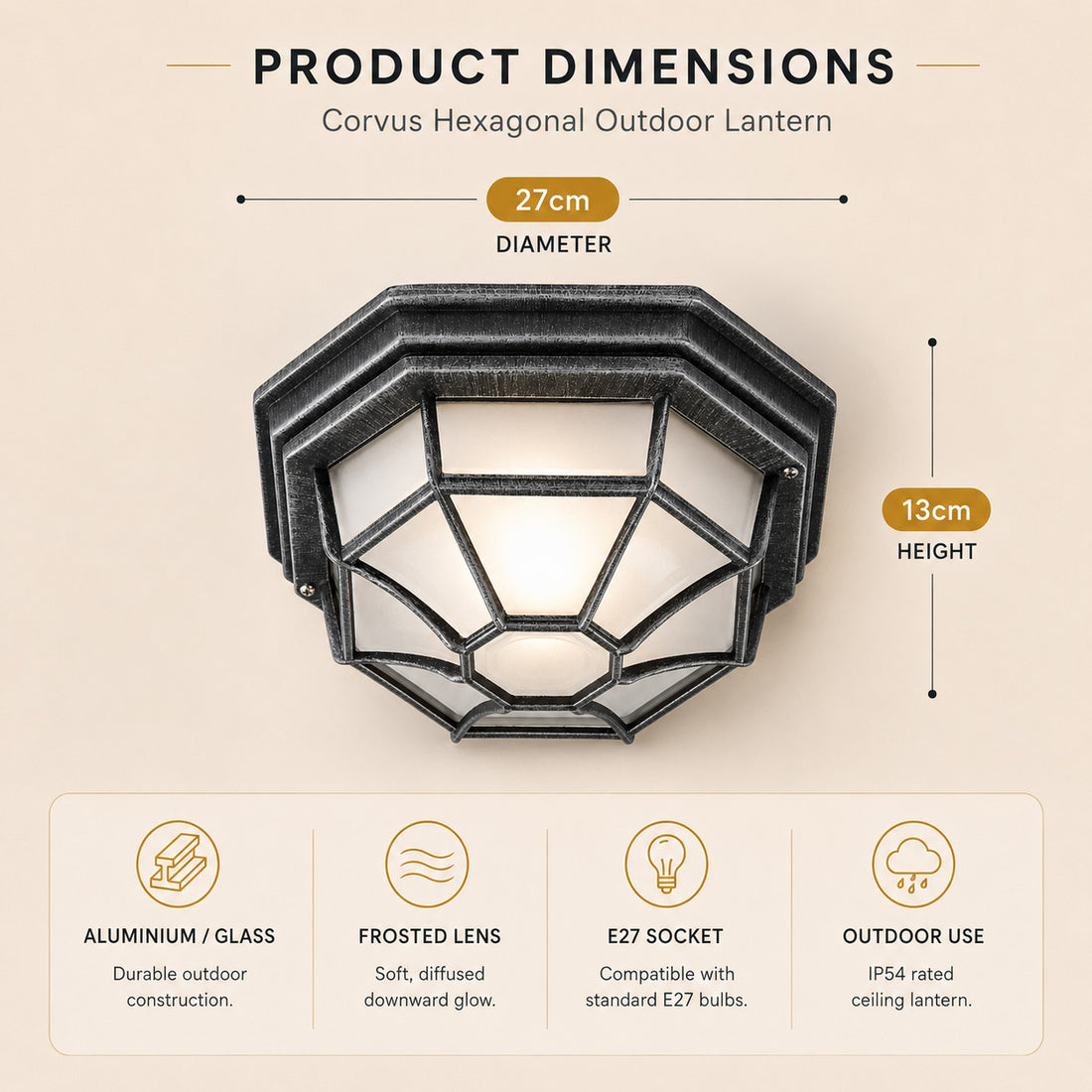 Dimensions for Corvus Hexagonal Outdoor Lantern — Glass, Brushed Black/Silver