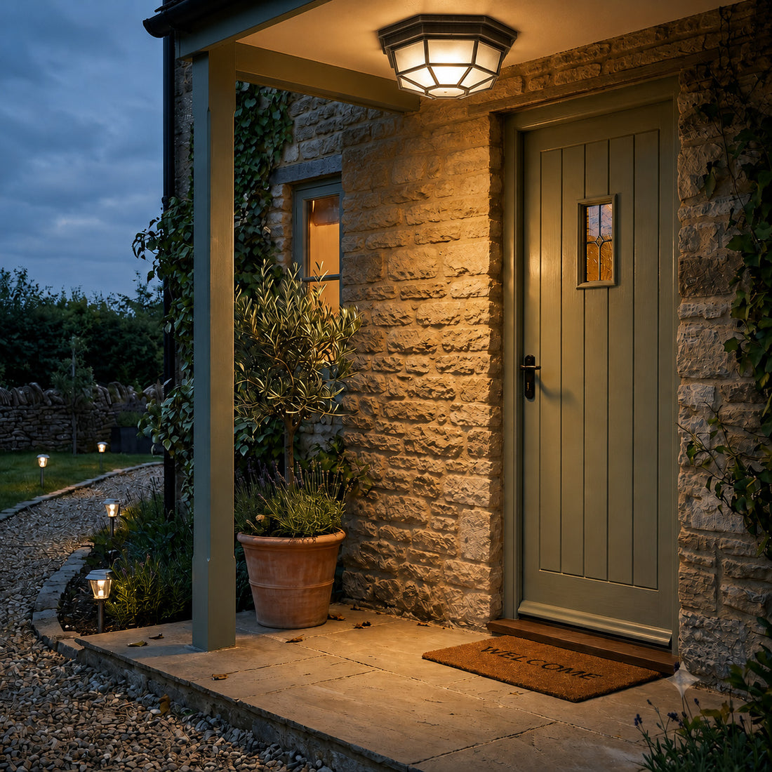 Corvus Hexagonal Outdoor Lantern — Glass, Brushed Black/Silver