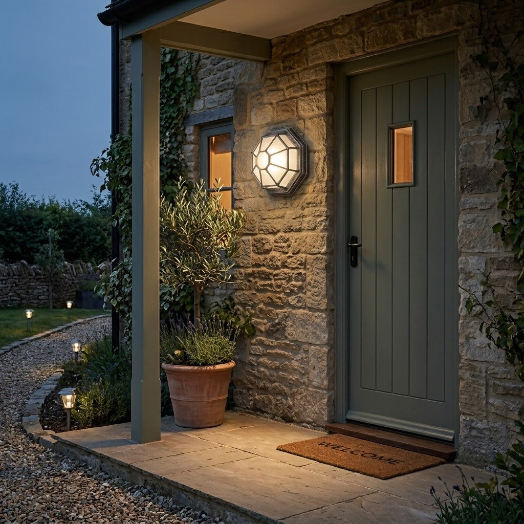 Corvus Hexagonal Outdoor Lantern — Glass, Brushed Black/Silver
