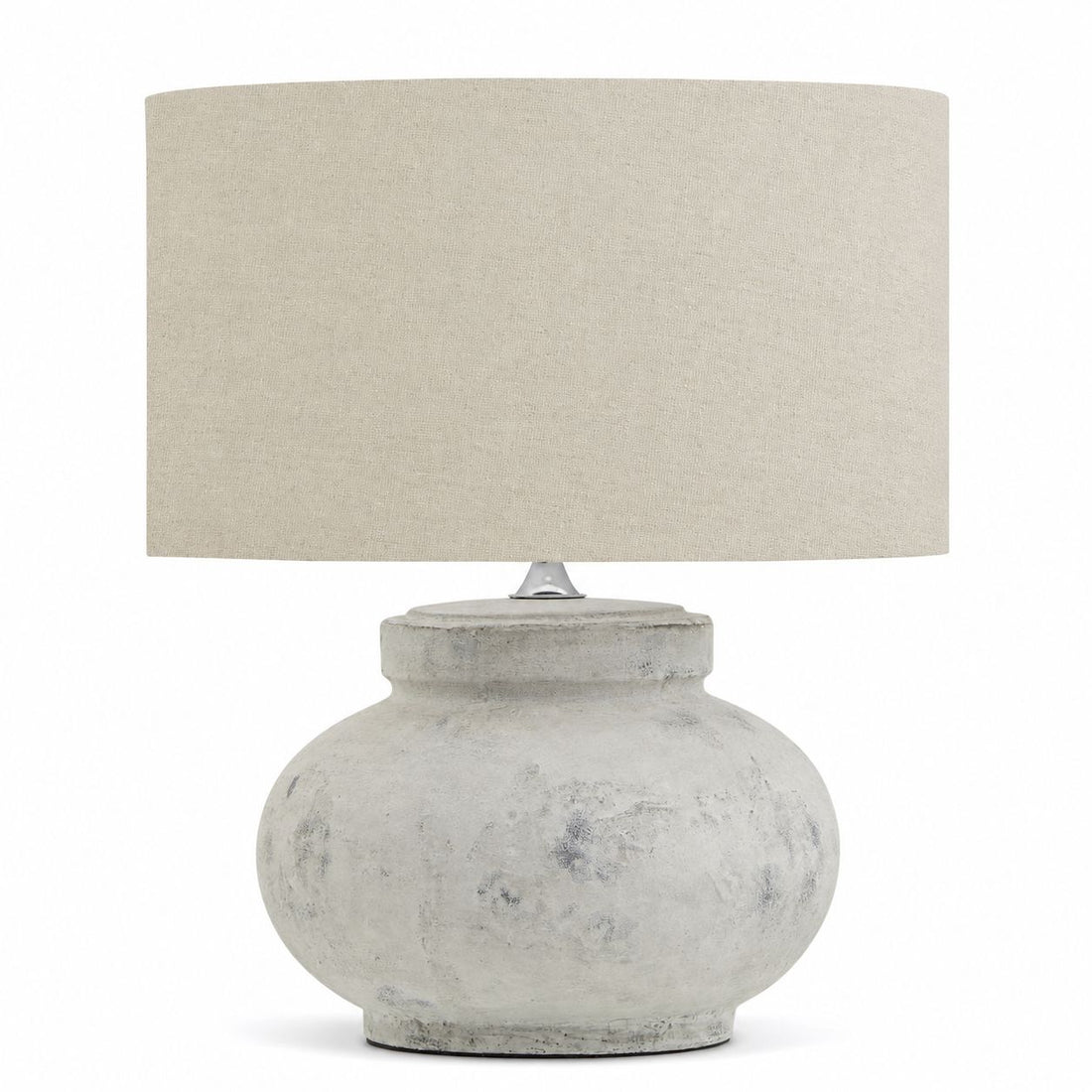 Darcy squat antique white stone-effect table lamp, front view on white