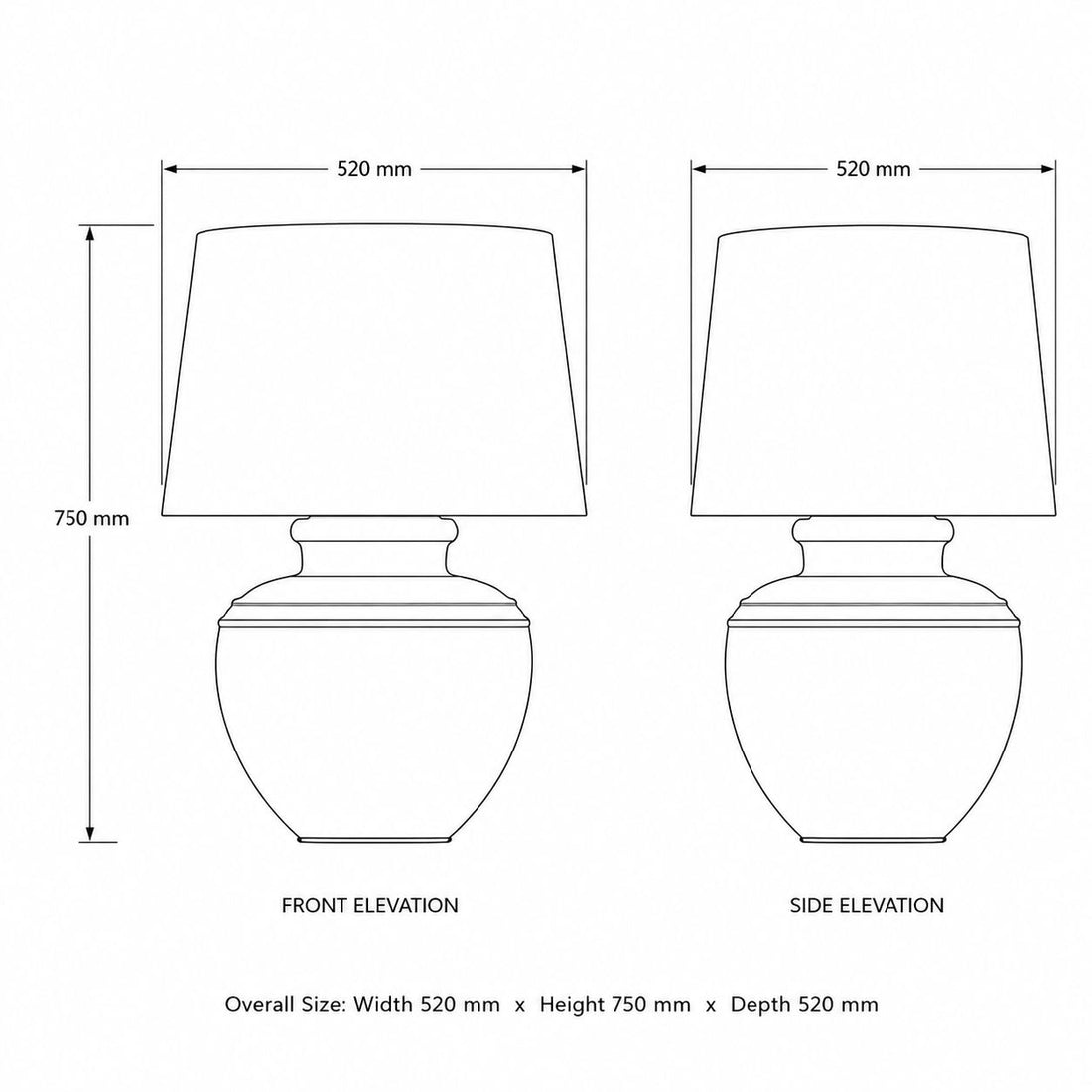 Darcy Chorus table lamp dimensions drawing: 520mm wide, 750mm high