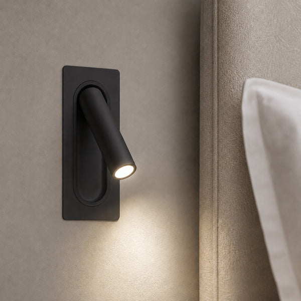 Defoe recessed matt black LED reading light angled downwards, lit
