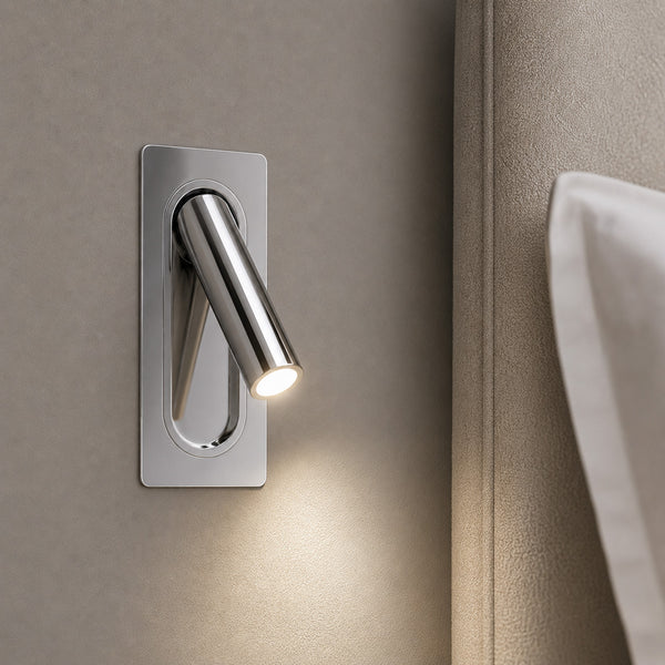 Defoe recessed nickel LED reading light angled from its polished backplate