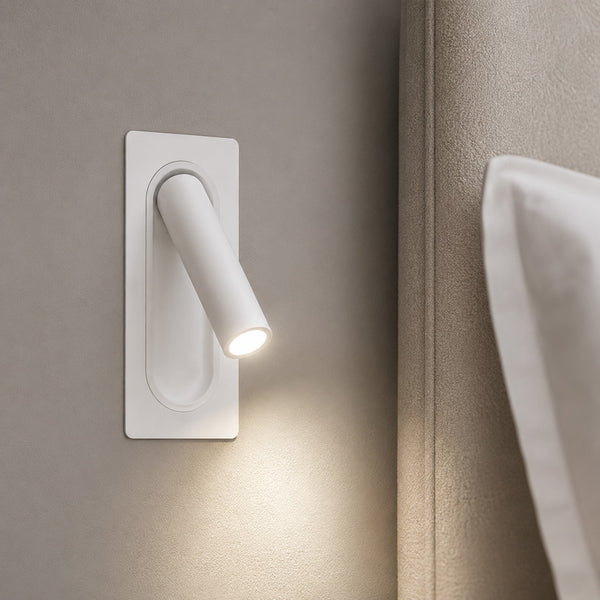 Defoe recessed white LED reading light angled downwards, lit