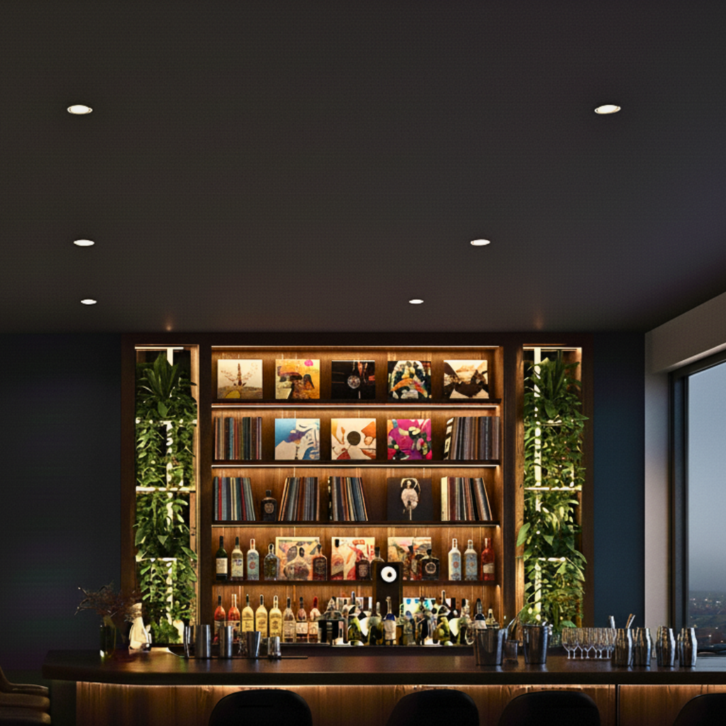 Black trimless downlights over a moody home bar with illuminated drinks shelving