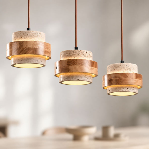 Enju Travertine & Light Wood Pendant Light — 3 Lights