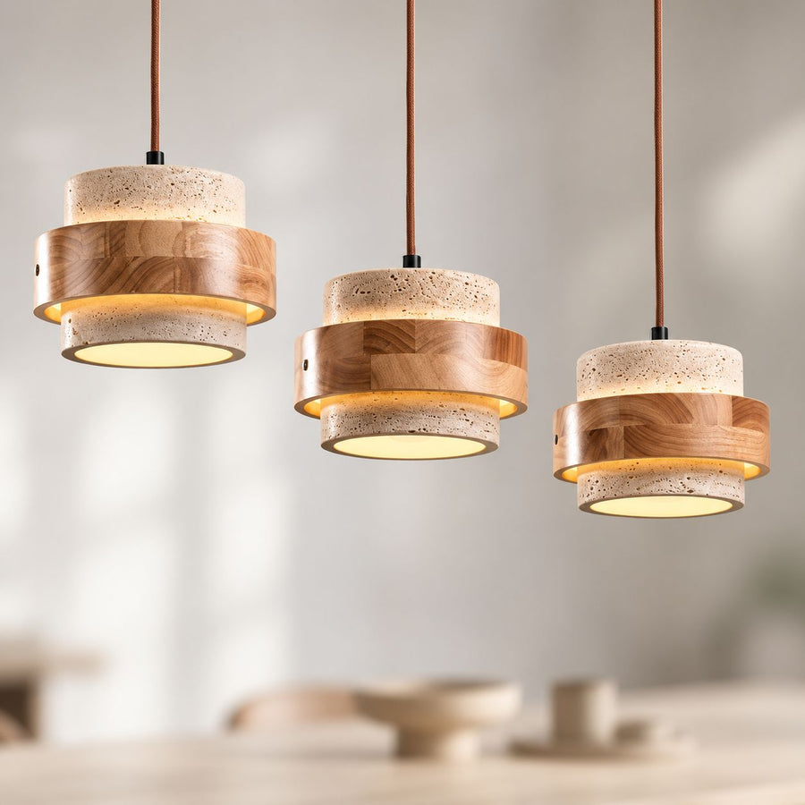 Enju Travertine & Light Wood Pendant Light — 3 Lights