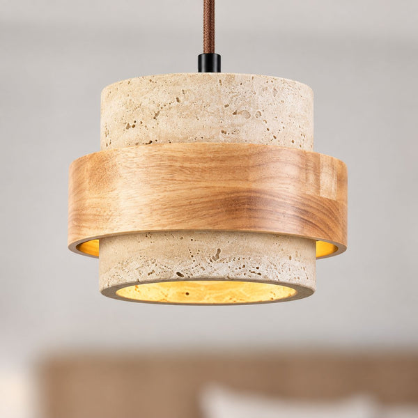 Enju Travertine & Light Wood Pendant Light — Single