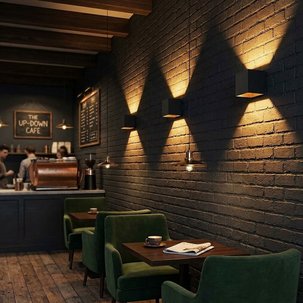 Fay black cube wall lights lit on an exposed brick cafe wall