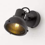 Forge matt black caged wall spot light, angled view on white
