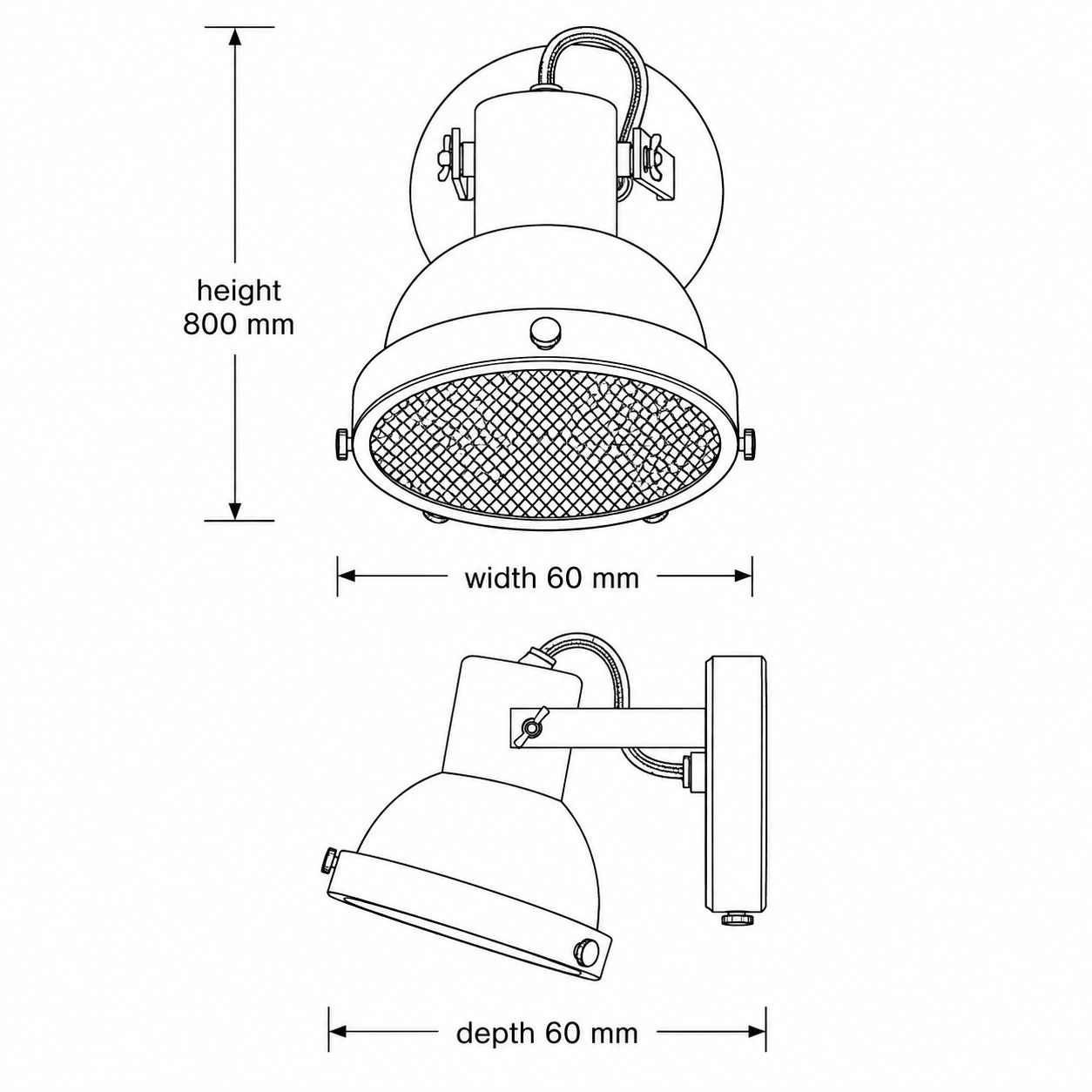 Forge caged wall spot light dimensions drawing: 60mm wide, 60mm deep