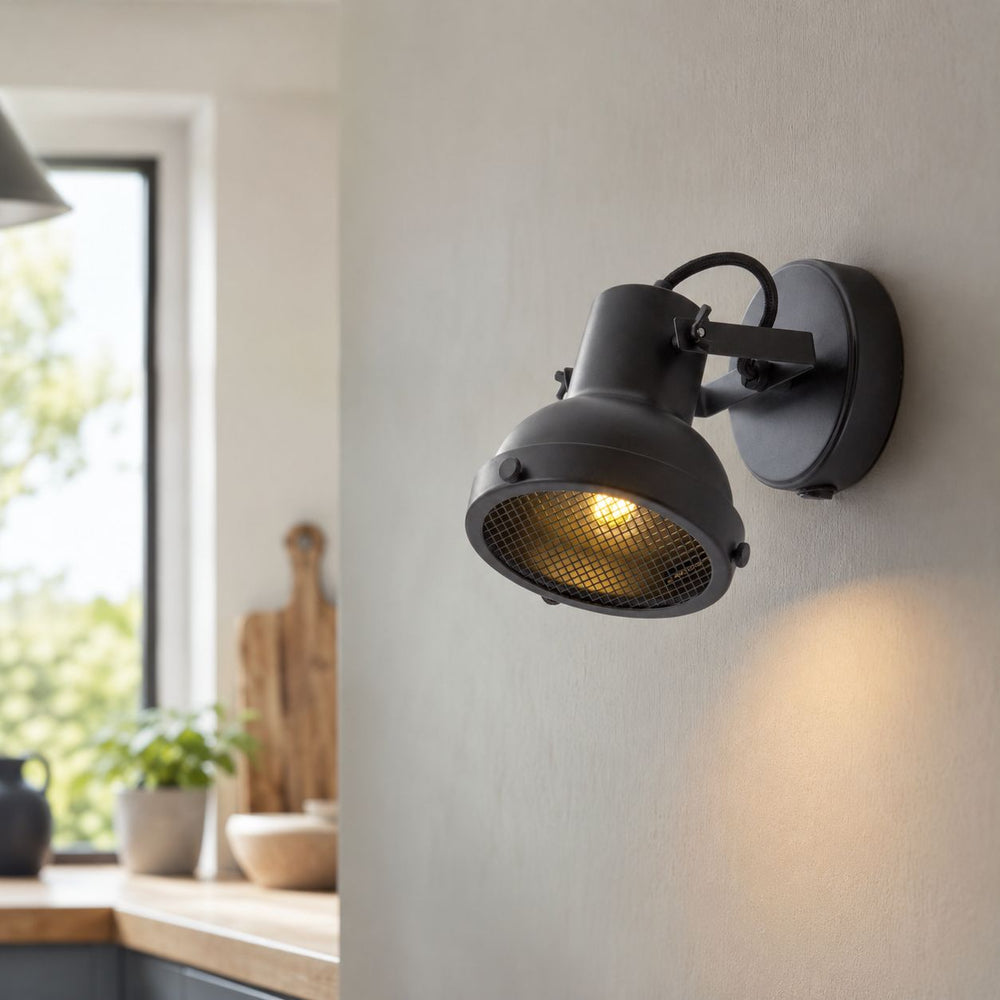 Forge Caged Wall Spot Light — Matt Black, Switched in a room