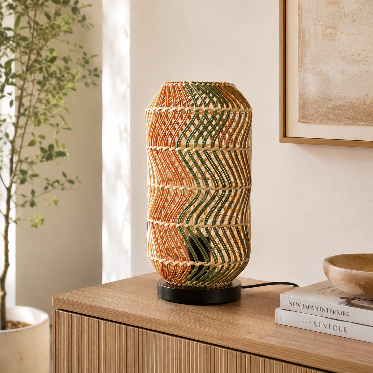 Fosco Woven Rattan Table Lamp — Multi-Colour & Black Metal, 38cm