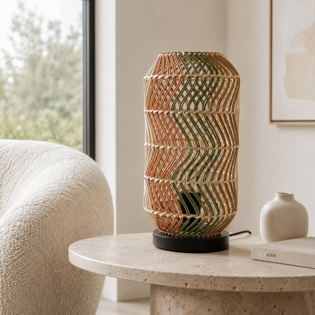 Fosco Woven Rattan Table Lamp — Multi-Colour & Black Metal, 38cm