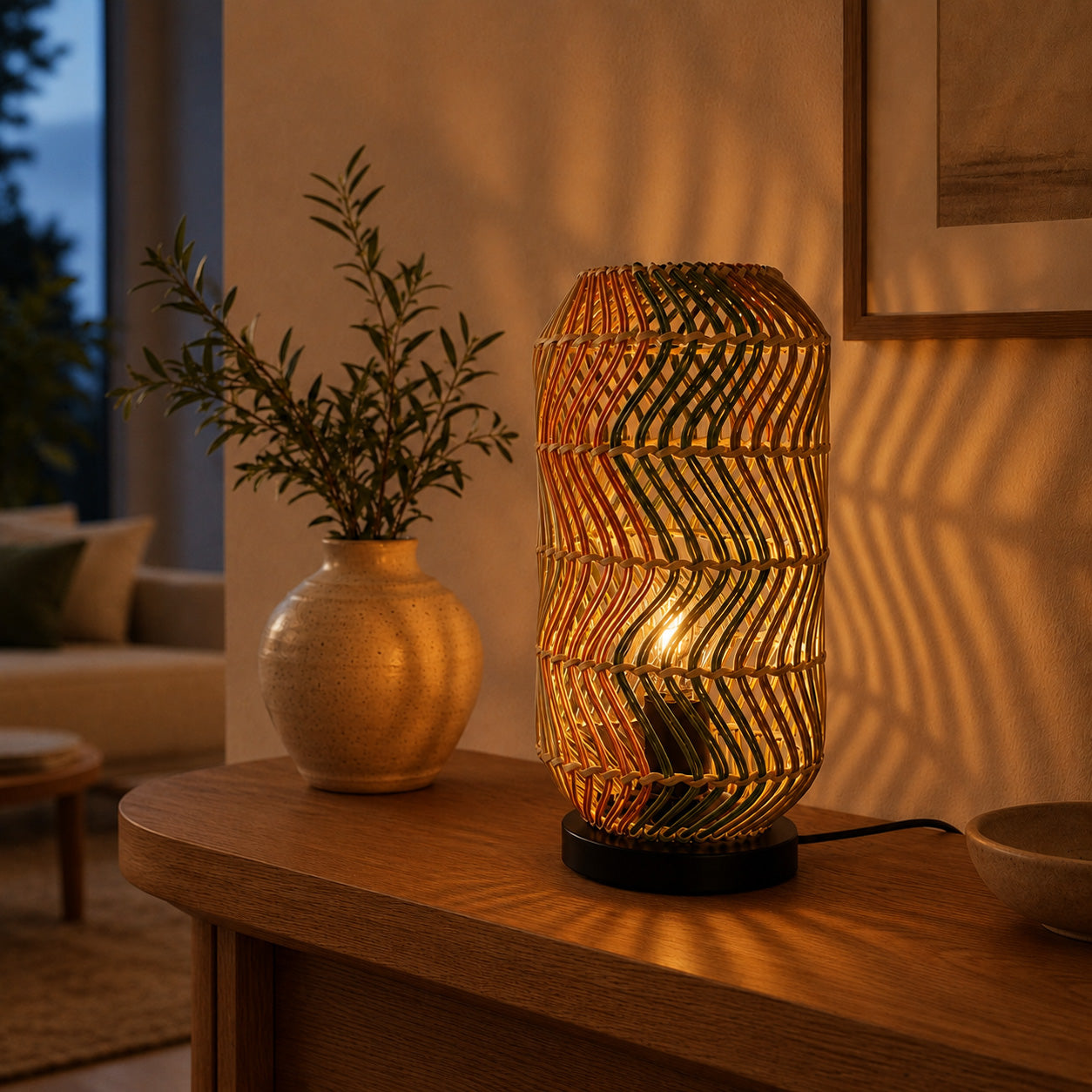 Fosco Woven Rattan Table Lamp — Multi-Colour & Black Metal, 38cm