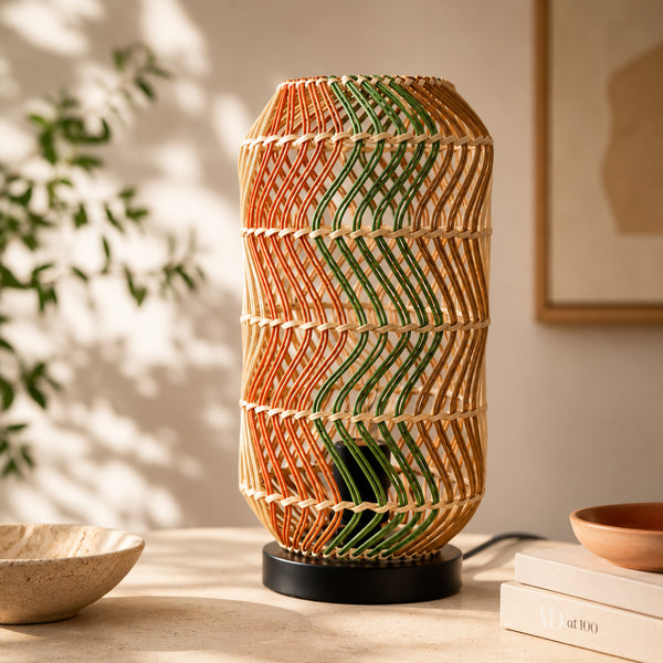 Fosco Woven Rattan Table Lamp — Multi-Colour & Black Metal, 38cm