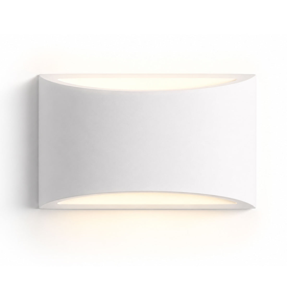 Galatsi curved white plaster wall light lit, front cut-out