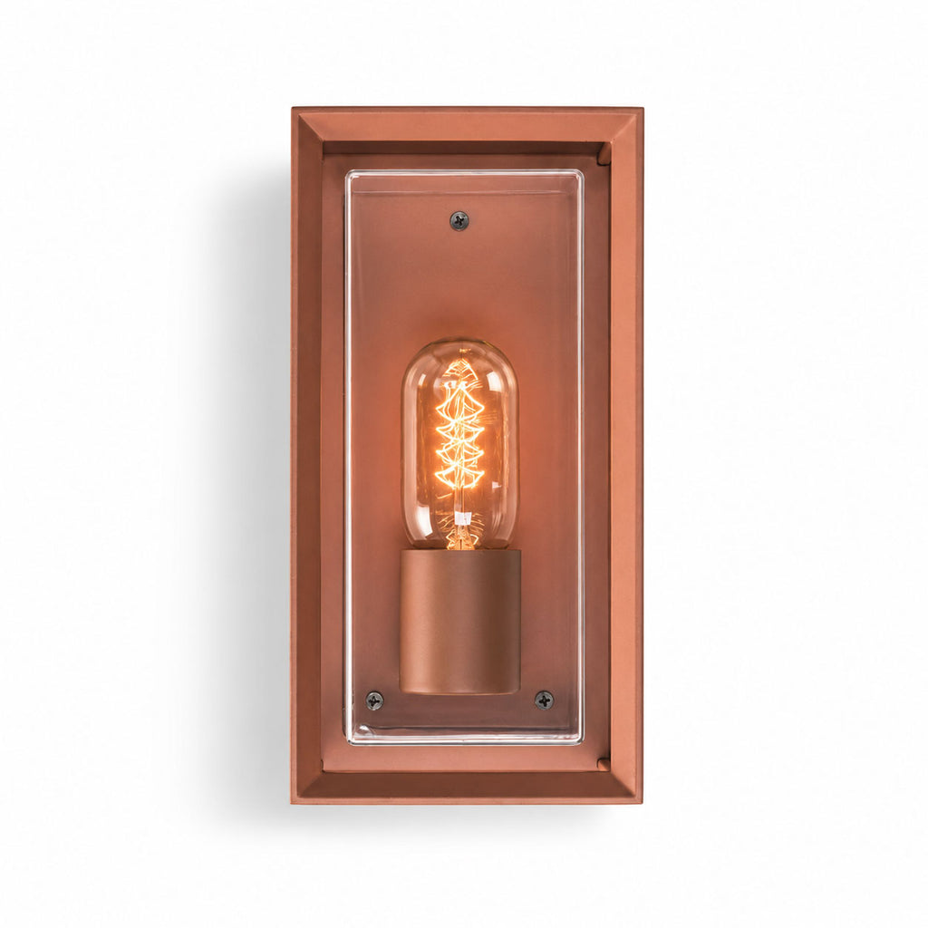 Galway rust brown glass box wall lantern, front view on white