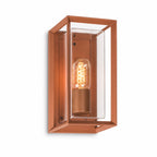 Galway rust brown industrial box wall lantern with clear glass and filament bulb, angled view