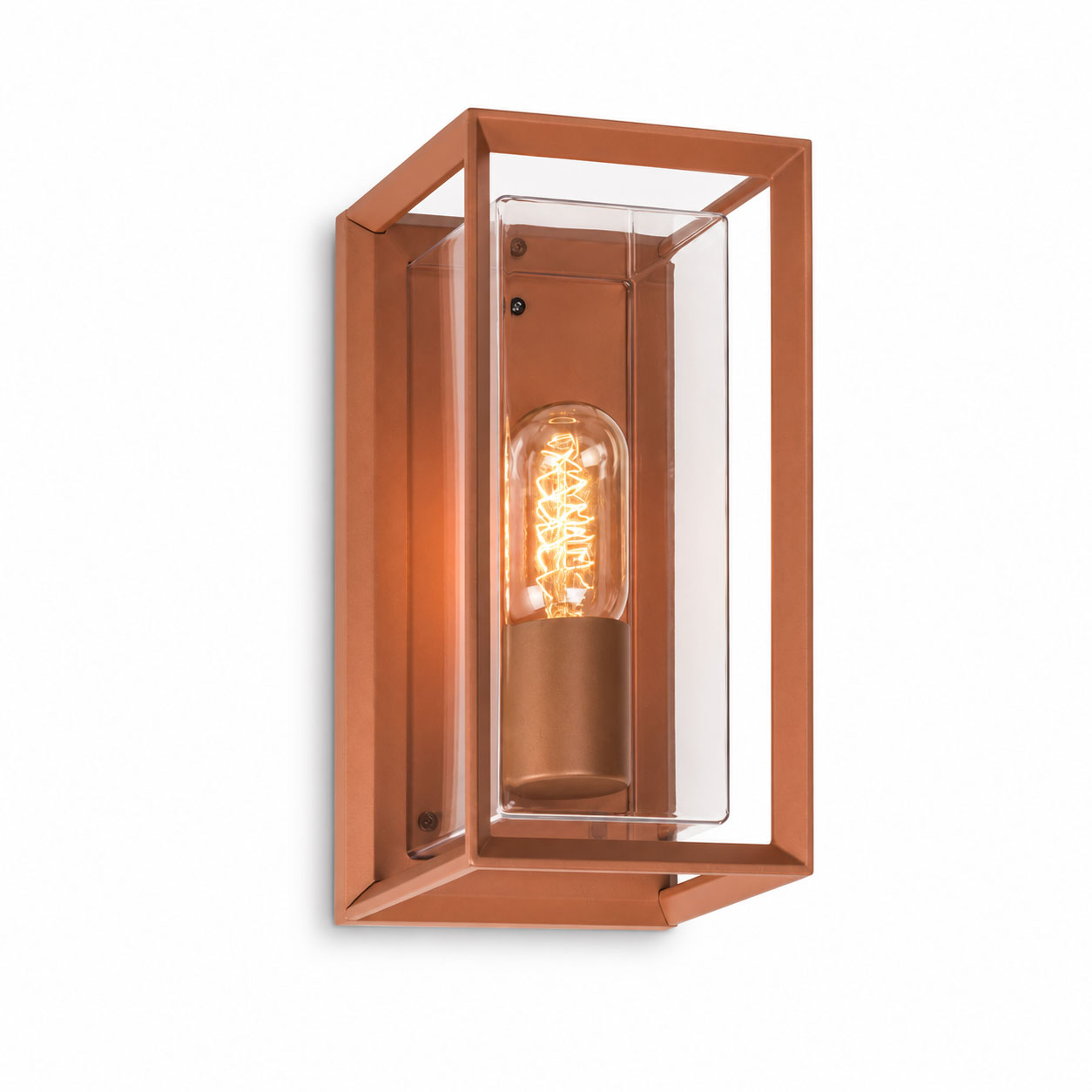 Galway rust brown industrial box wall lantern with clear glass and filament bulb, angled view