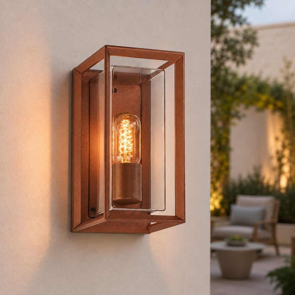 Galway Industrial Outdoor Box Wall Lantern — Glass, Rust Brown