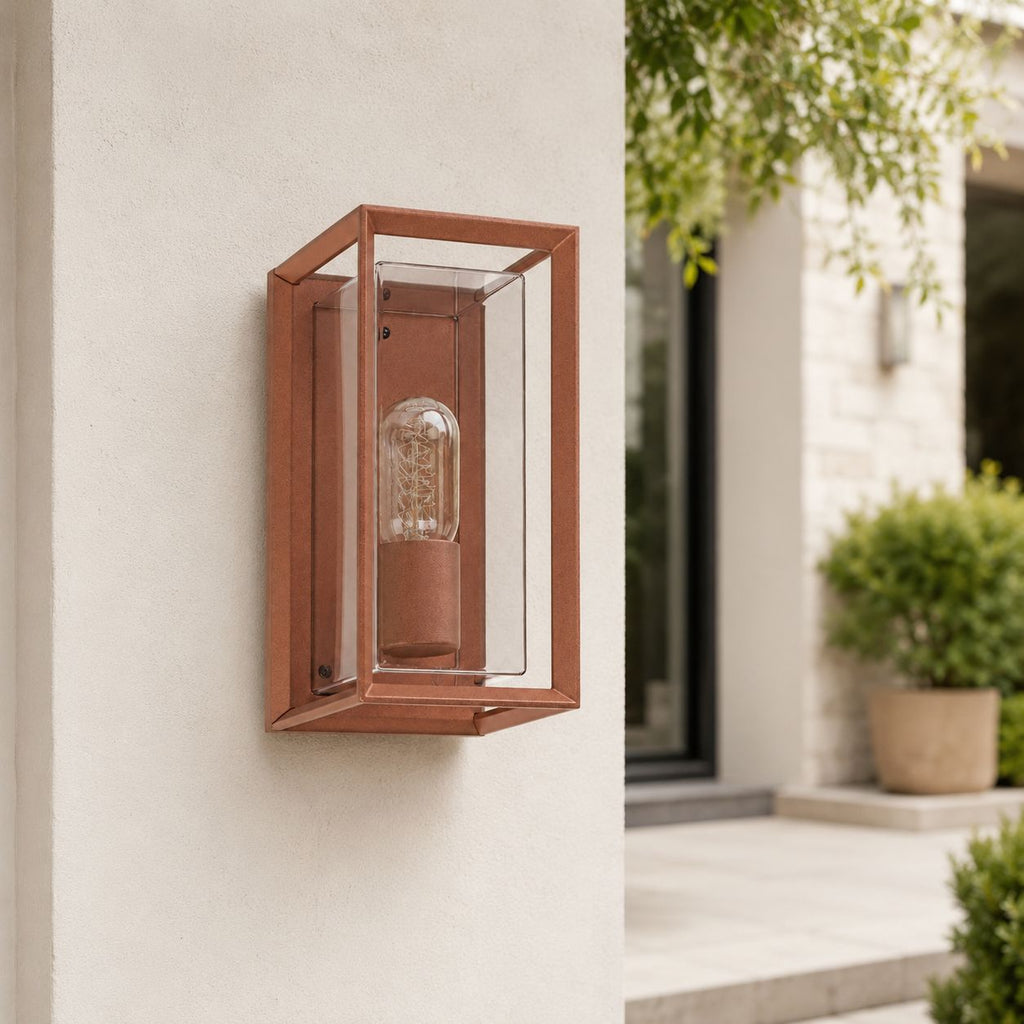 Galway Industrial Outdoor Box Wall Lantern — Glass, Rust Brown
