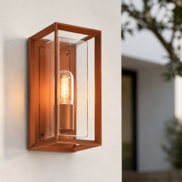 Galway Industrial Outdoor Box Wall Lantern — Glass, Rust Brown