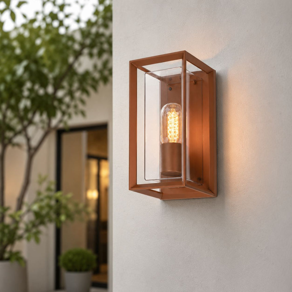 Galway Industrial Outdoor Box Wall Lantern — Glass, Rust Brown
