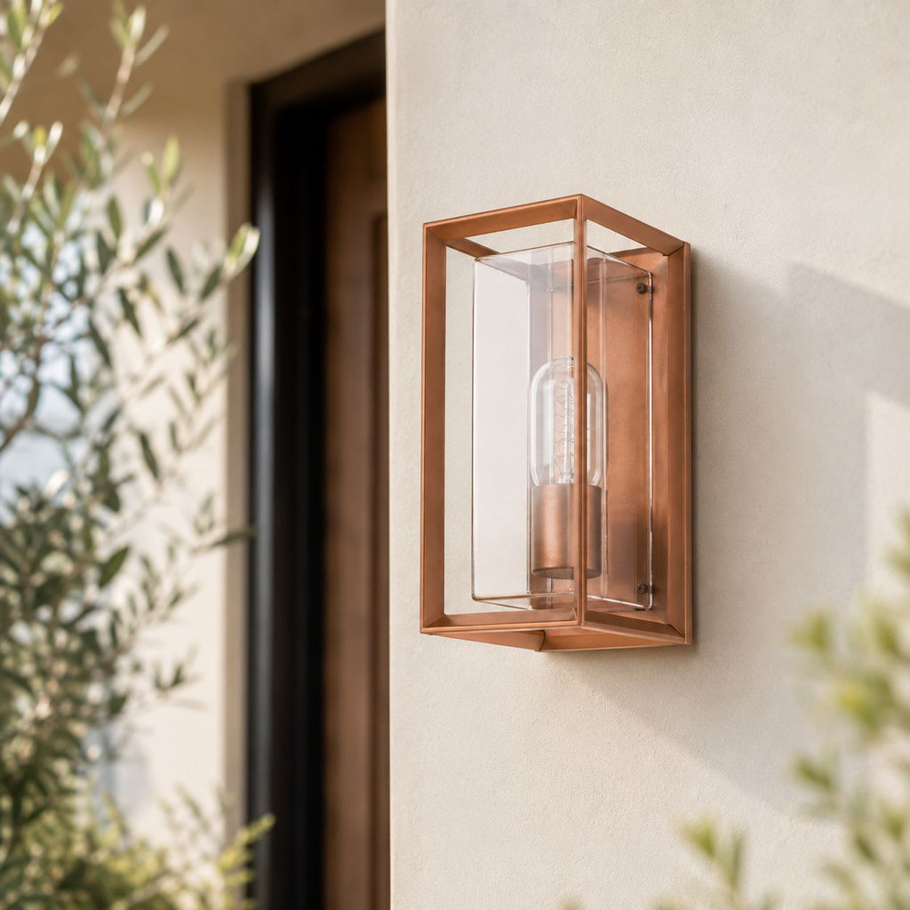 Galway Industrial Outdoor Box Wall Lantern — Glass, Rust Brown