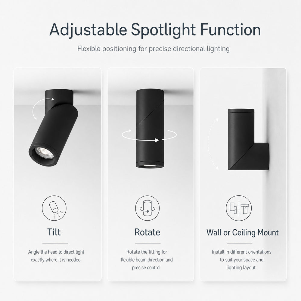 Genesis Aluminium Ceiling Spotlight — Matt Black, Adjustable in a room