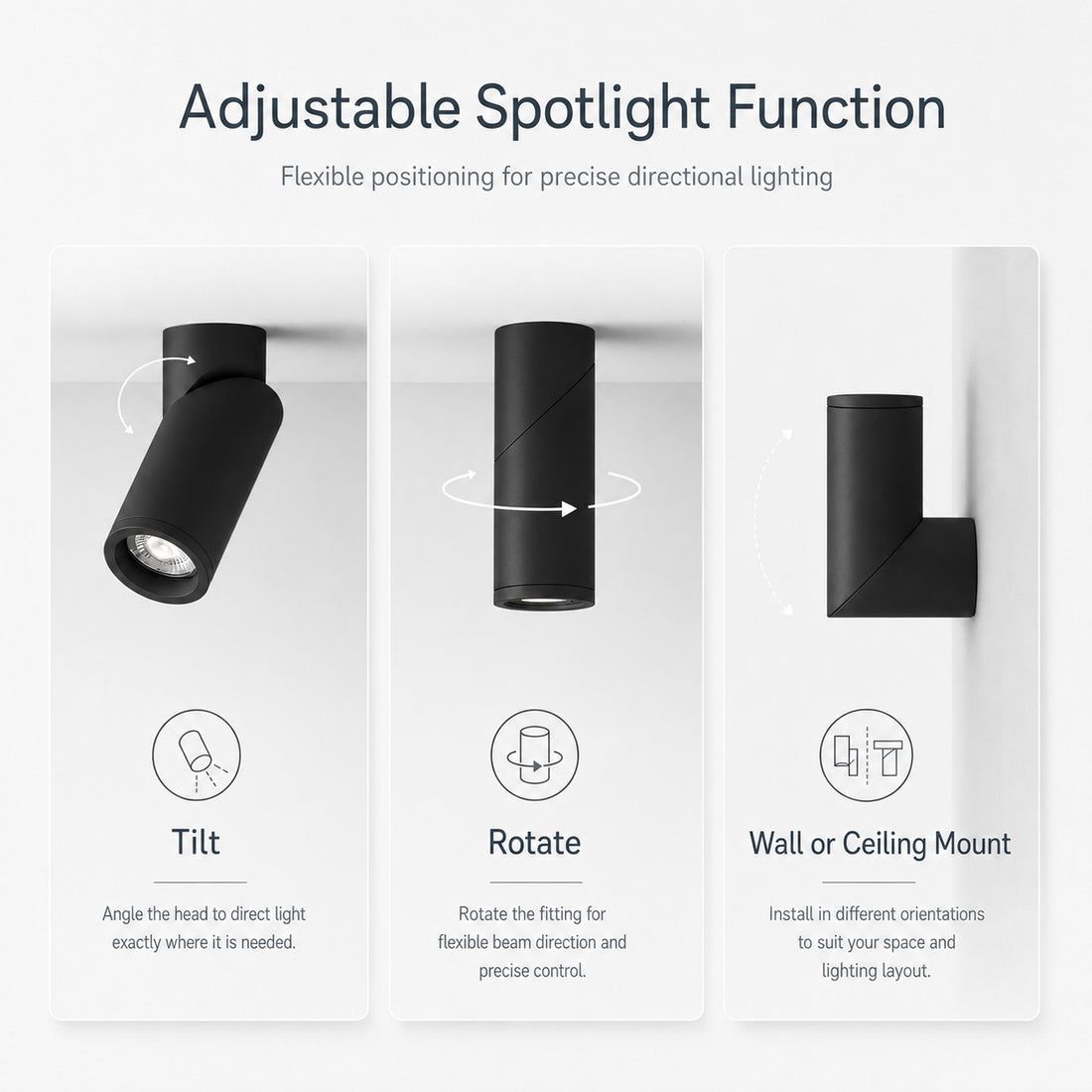 Genesis adjustable spotlight functions — tilt, rotate, wall or ceiling mount