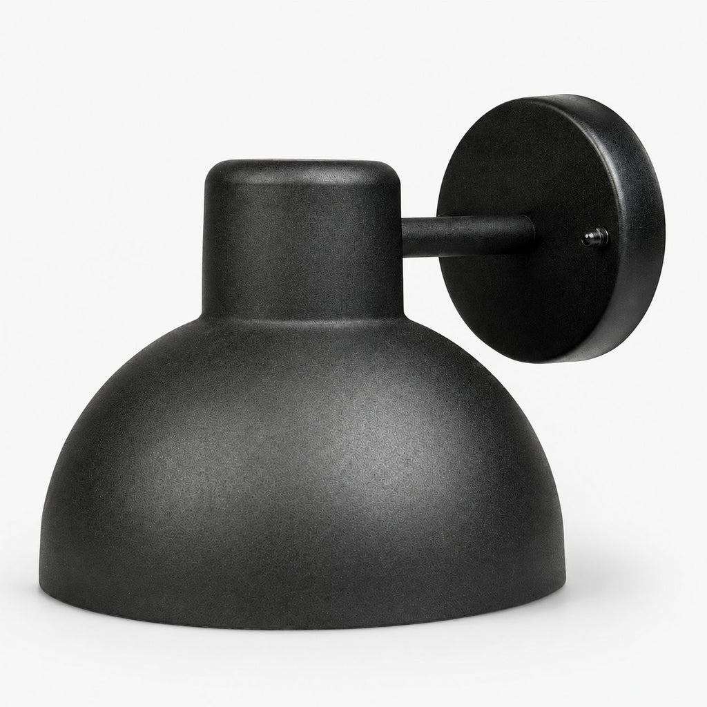 Hadsten matt black dome outdoor wall light, side view on white