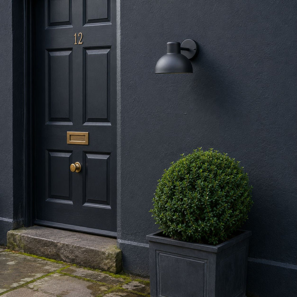 Hadsten black dome wall light beside a navy front door with box topiary