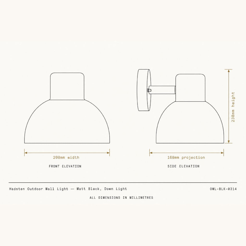 Hadsten outdoor wall light dimensions drawing, front and side elevations