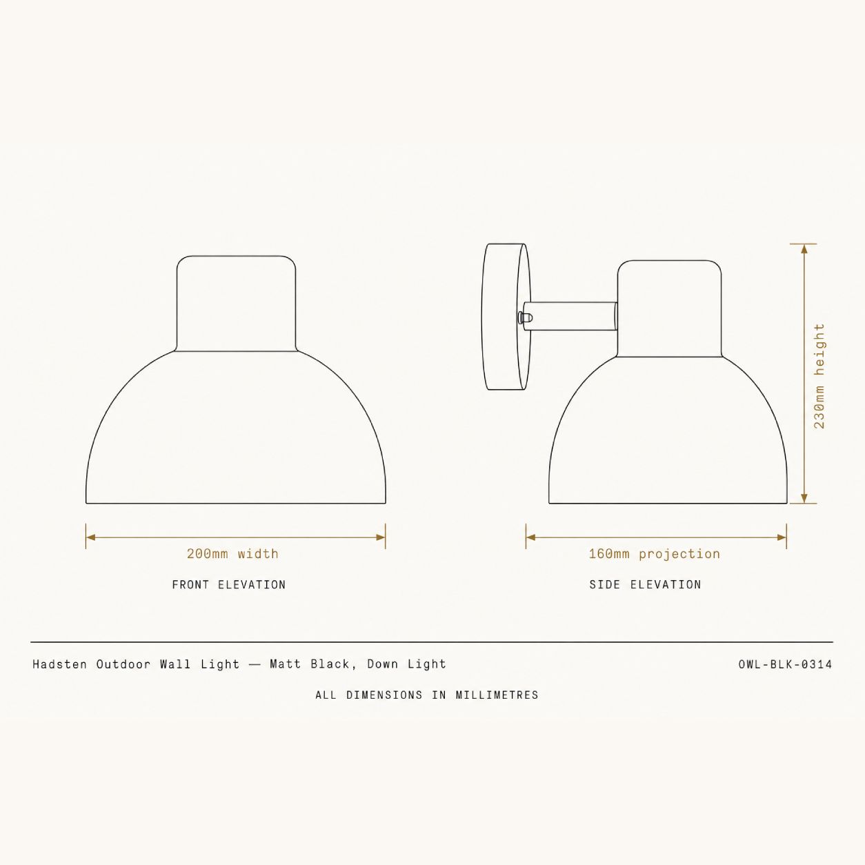 Hadsten outdoor wall light dimensions drawing, front and side elevations