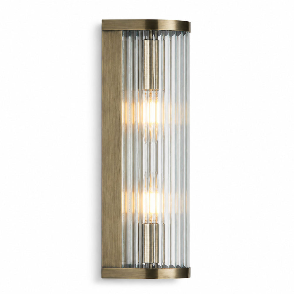 Antique Brass detail on Halo 2-Light Ribbed Wall Sconce — Glass, Antique Brass