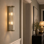 Halo 2-Light Ribbed Wall Sconce — Glass, Antique Brass