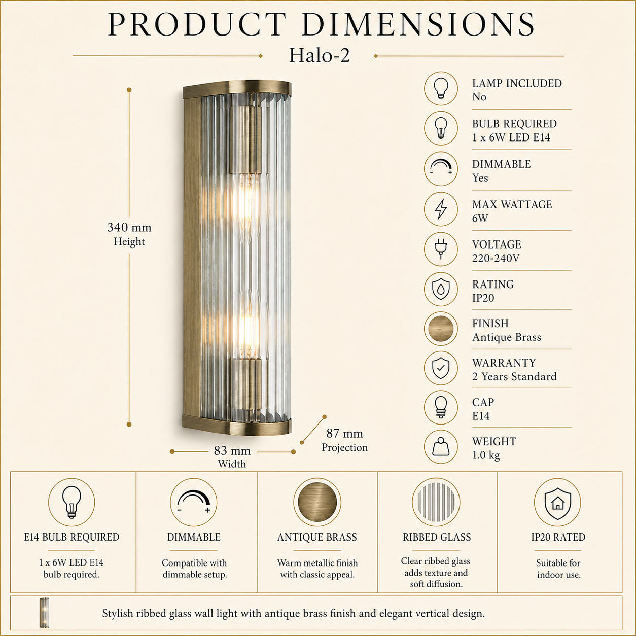 Halo 2-Light Ribbed Wall Sconce — Glass, Antique Brass