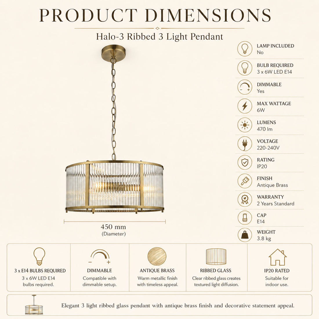 Dimensions for Halo 3-Light Ribbed Drum Pendant — Glass, Antique Brass