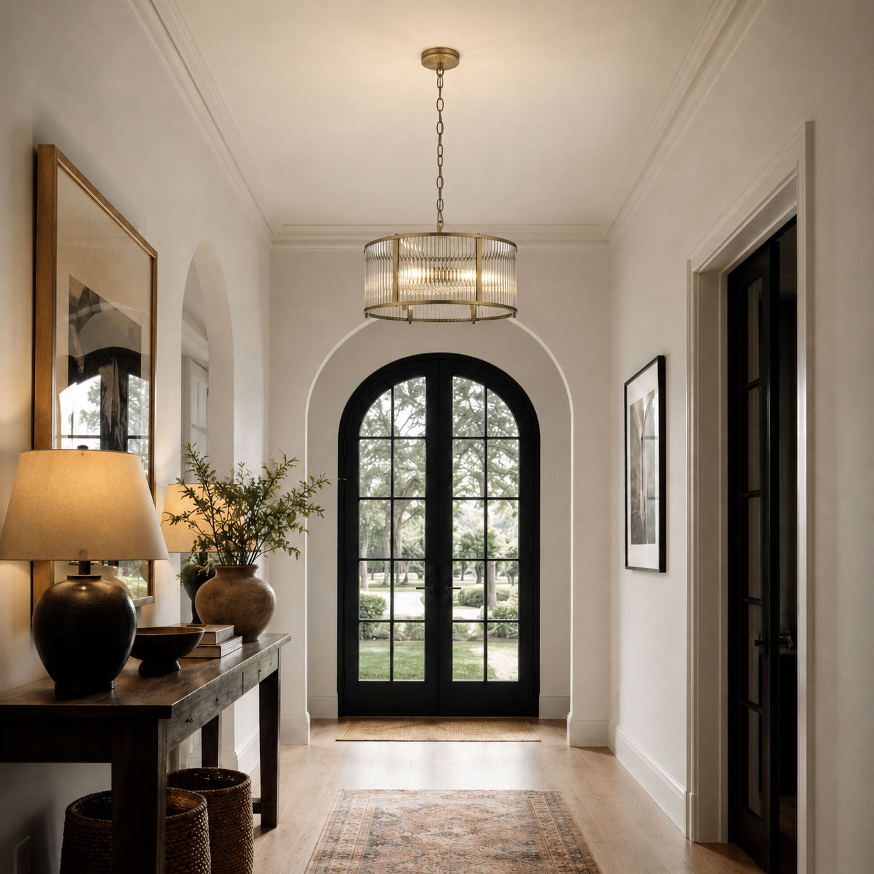 Halo 3-Light Ribbed Drum Pendant — Glass, Antique Brass