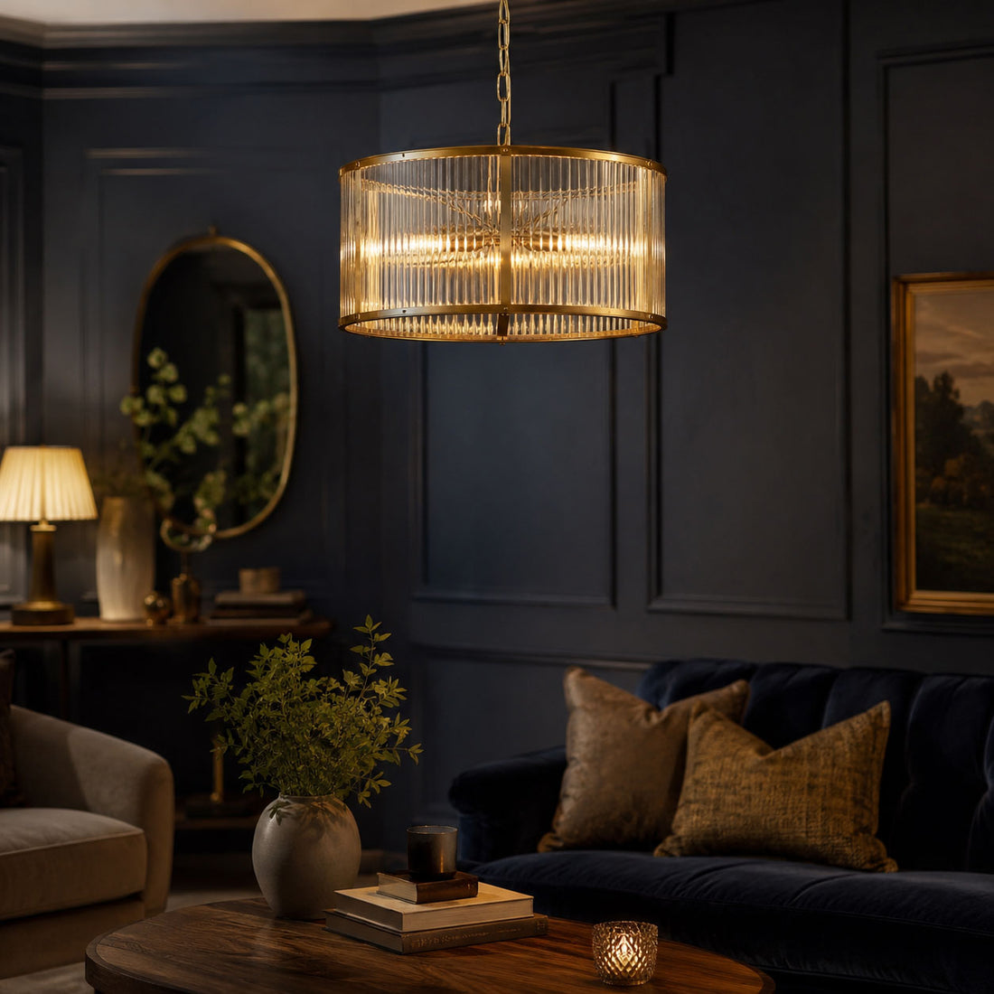 How Halo 3-Light Ribbed Drum Pendant — Glass, Antique Brass lights a room
