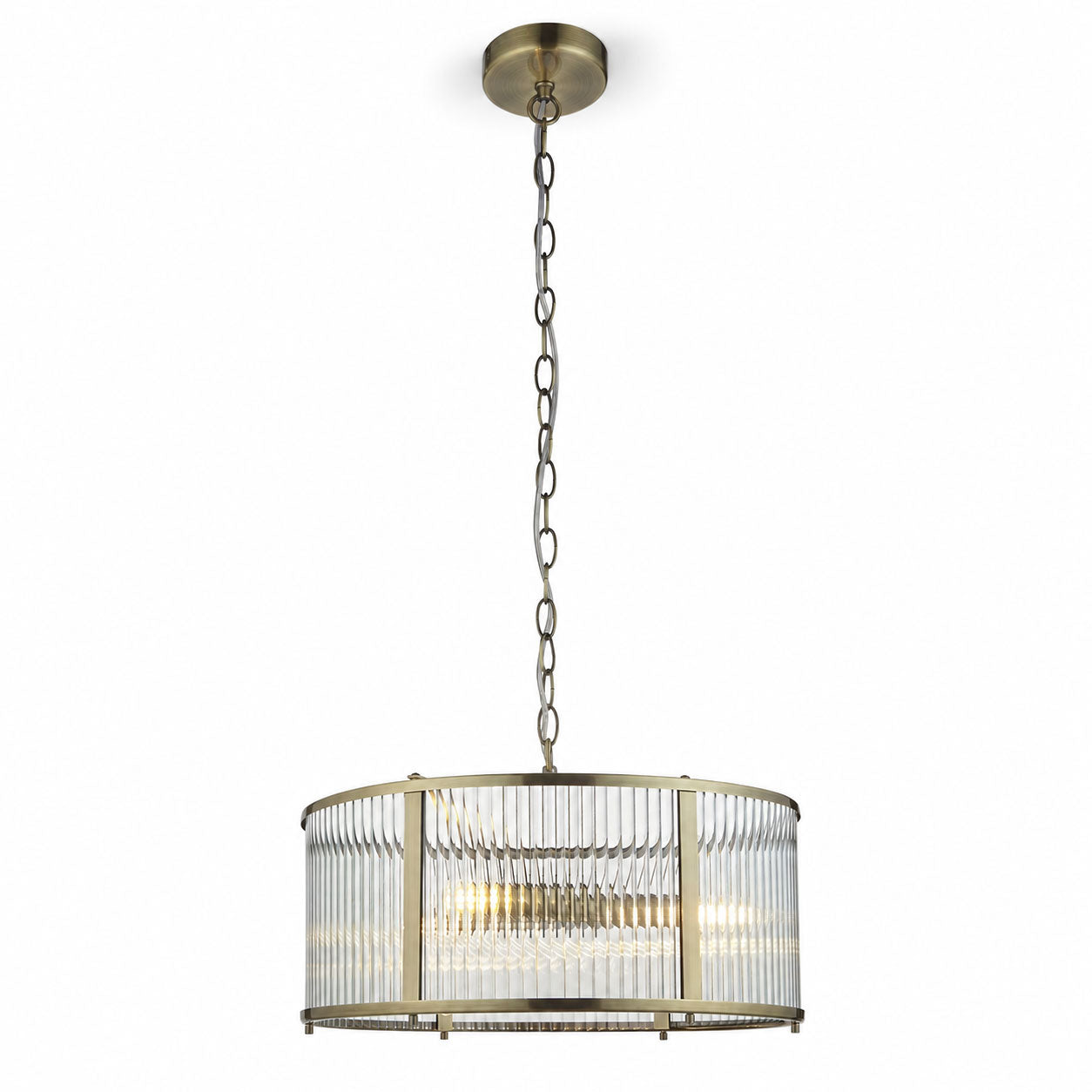 Halo 3-Light Ribbed Drum Pendant — Glass, Antique Brass